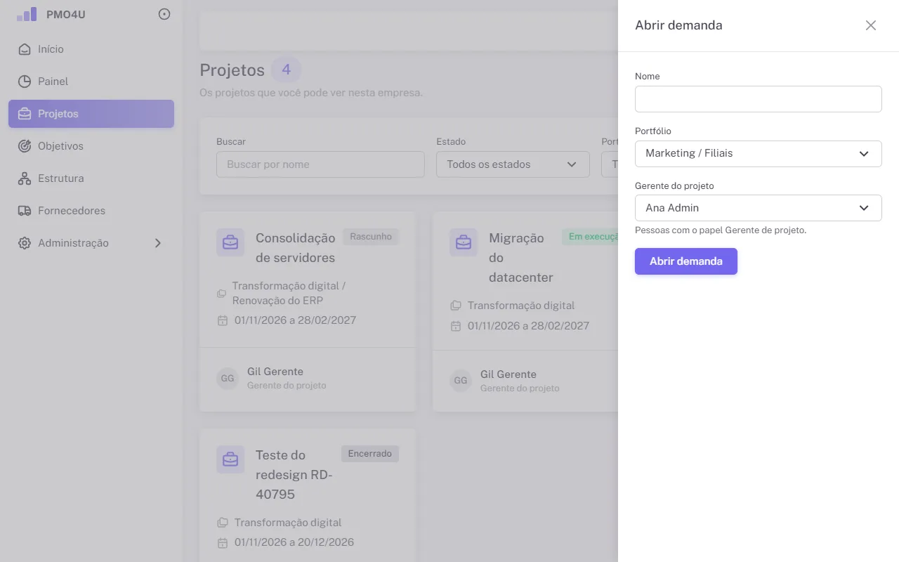 Painel Abrir demanda com nome, portfólio e gerente