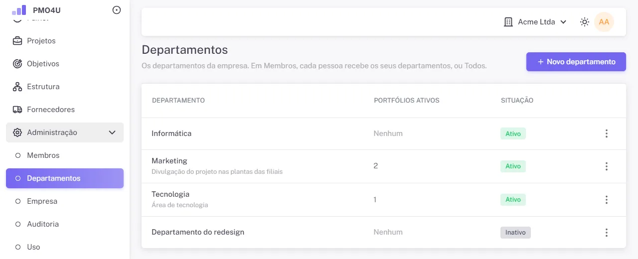 Página Departamentos com a lista e a quantidade de portfólios ativos