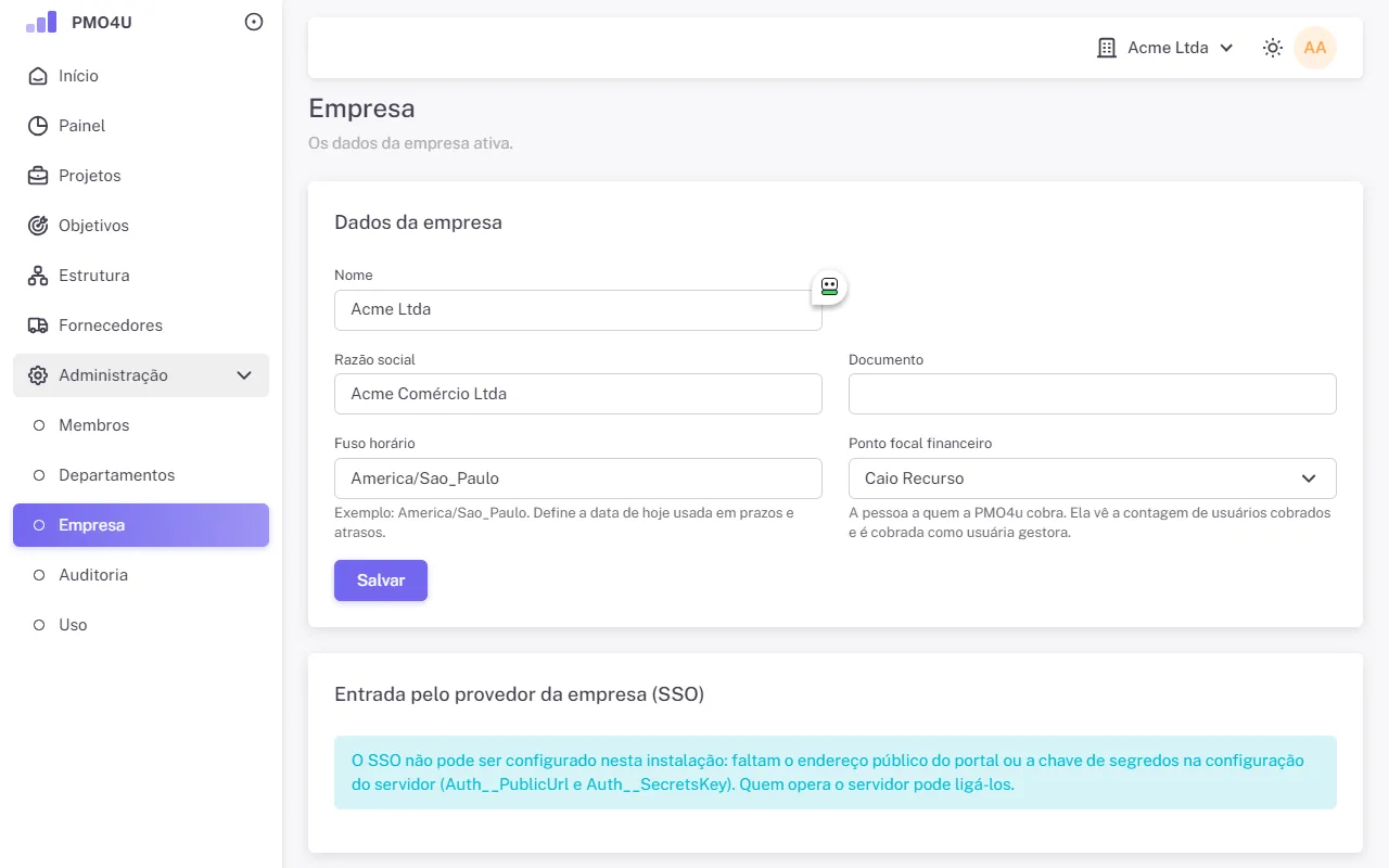 Página Empresa com os dados, o ponto focal financeiro e o cartão de SSO