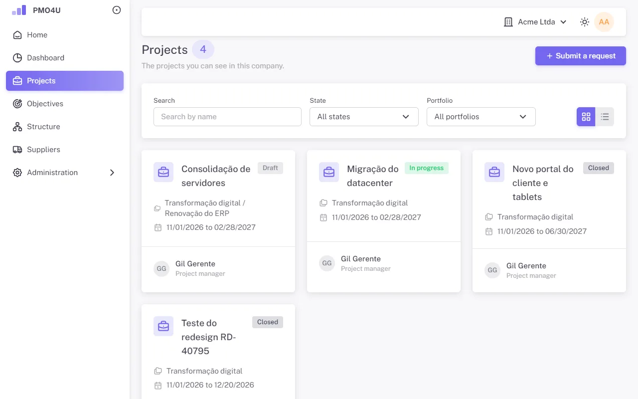 Submit a request panel with name, portfolio and manager