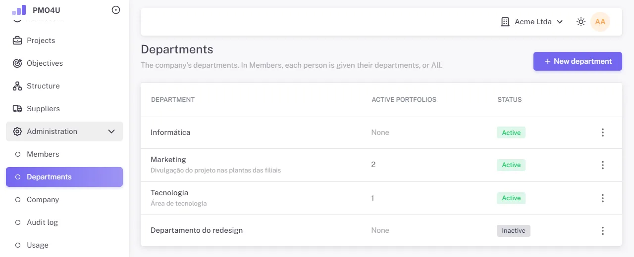 Departments page with the list and the number of active portfolios