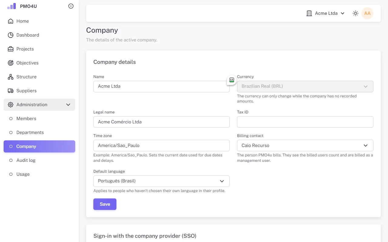 Company page with the details, the billing contact and the SSO card