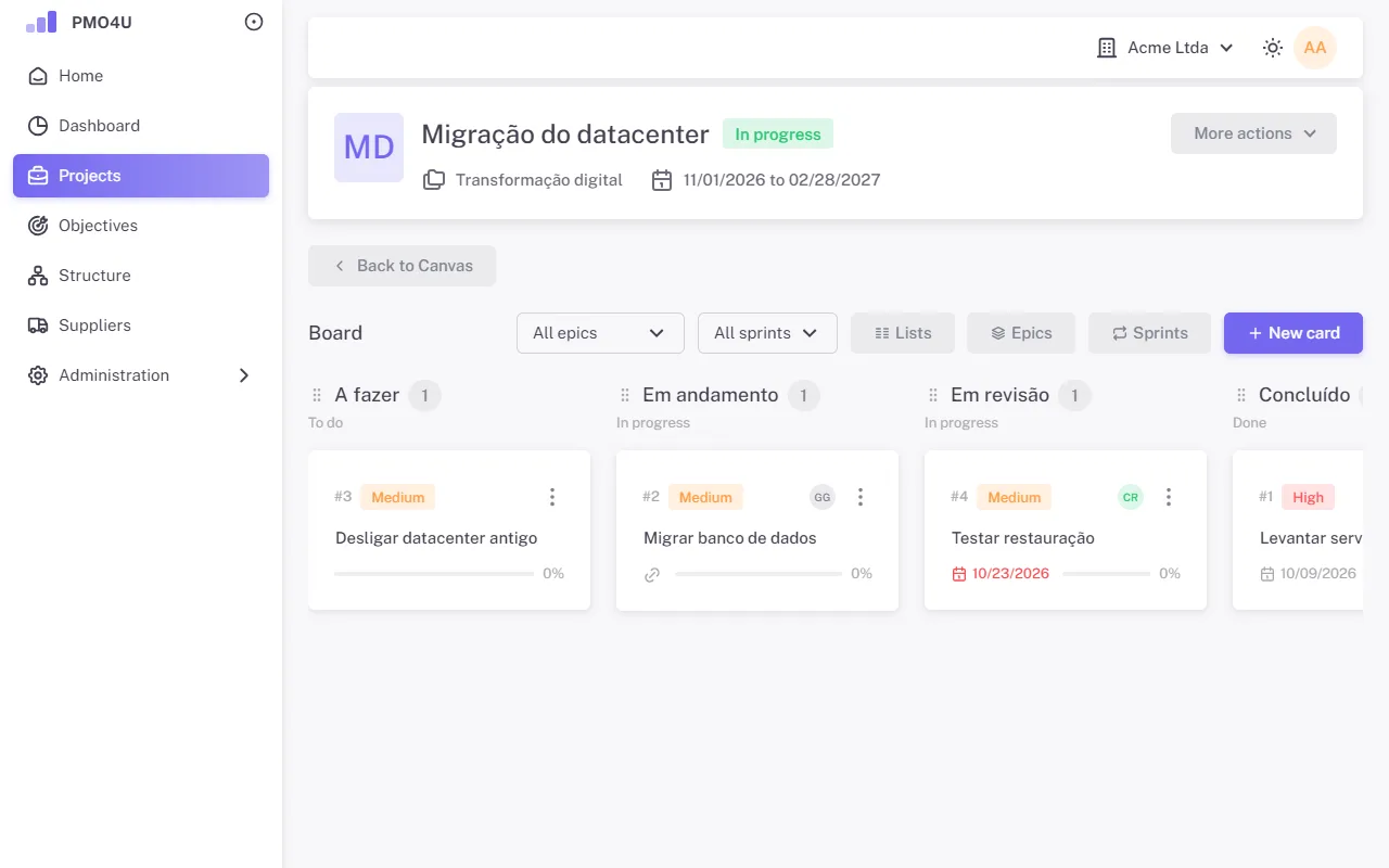 Kanban board with lists and cards