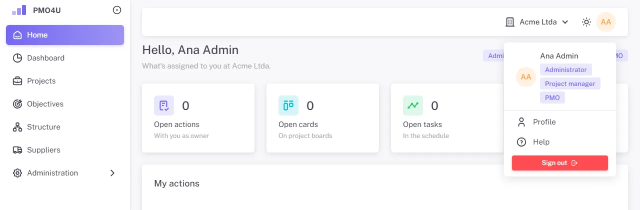 Account menu with Profile, Help and Sign out