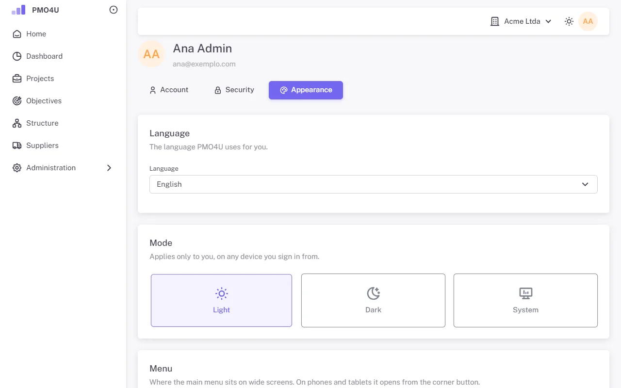 Profile Appearance tab with mode, menu, width and color