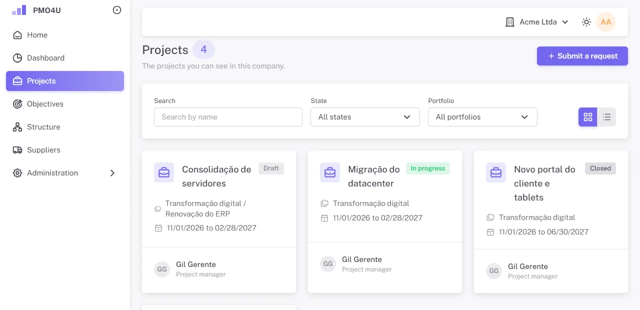 List of projects as cards with state and portfolio filters