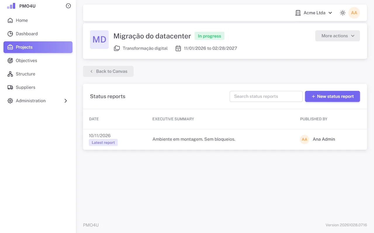 List of the project's status reports