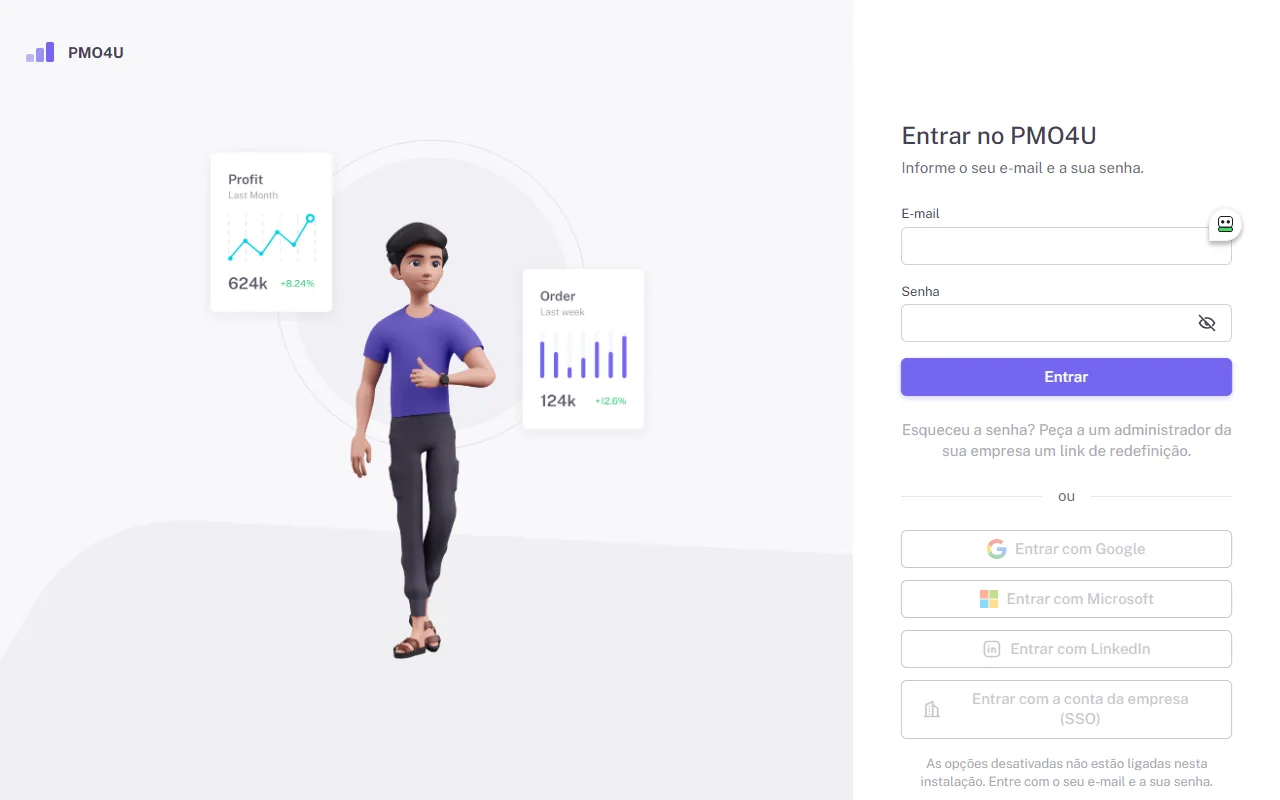 Tela de entrada com e-mail, senha e os botões de conta externa
