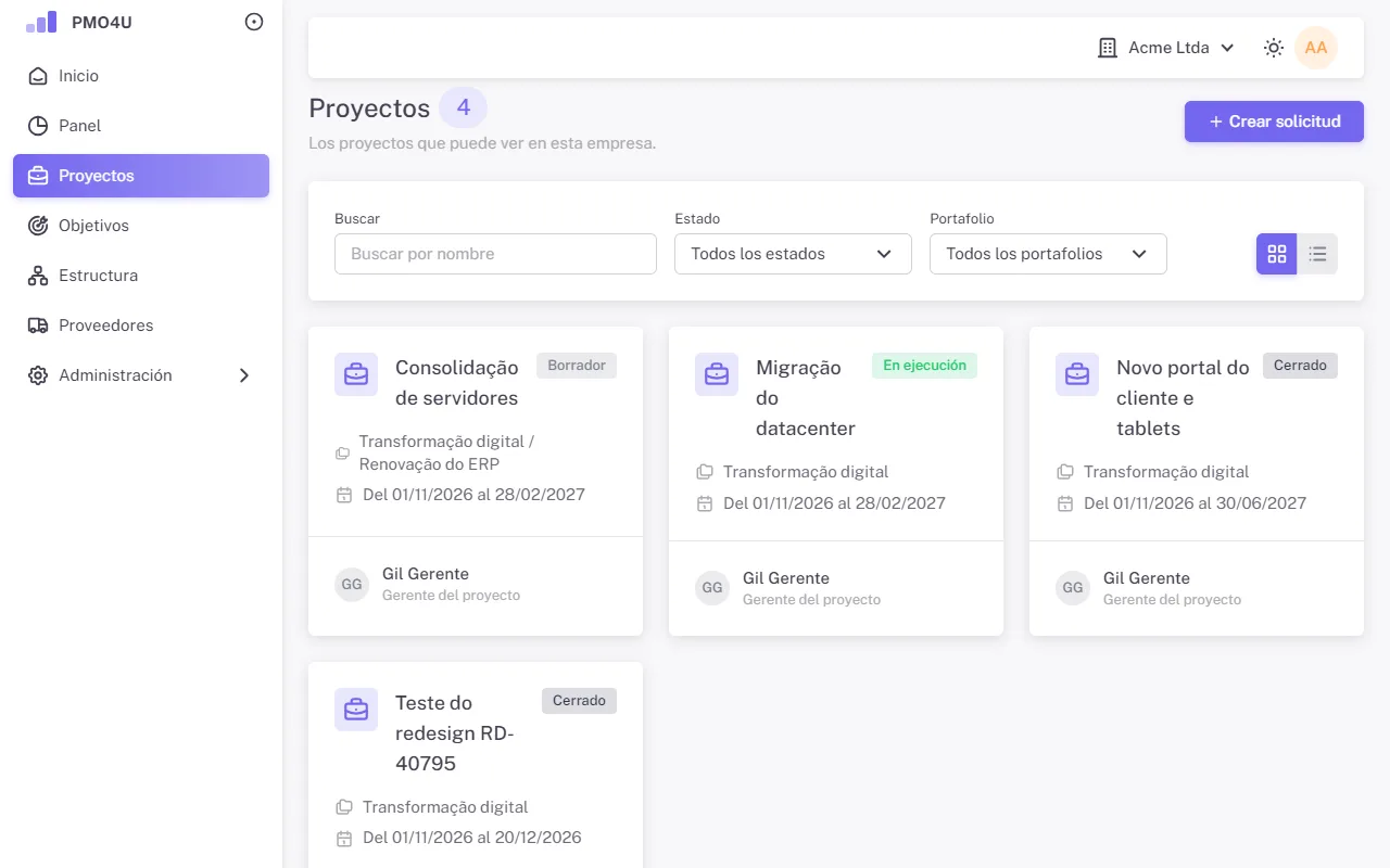 Panel Crear solicitud con nombre, portafolio y gerente