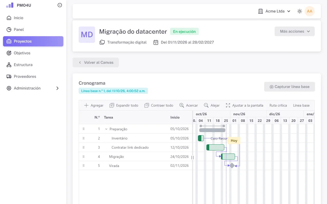 Cronograma en Gantt con tareas, barras y dependencias