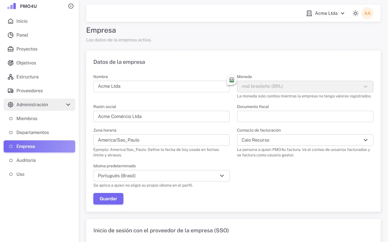 Página Empresa con los datos, el contacto de facturación y la tarjeta de SSO