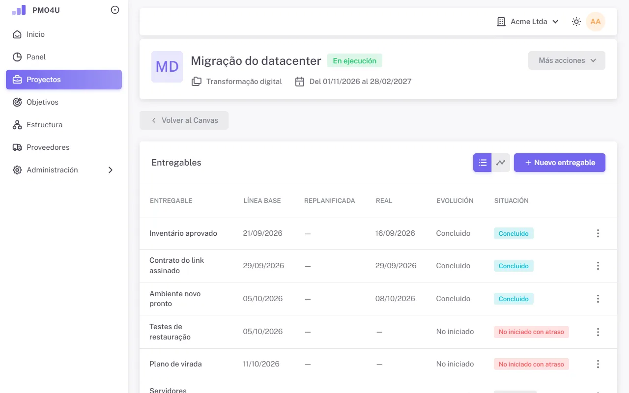 Tabla de entregables con las fechas de línea base, replanificada y real