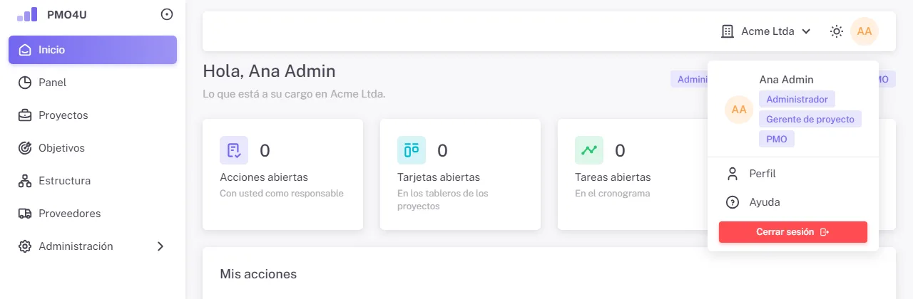 Menú de la cuenta con Perfil, Ayuda y Cerrar sesión