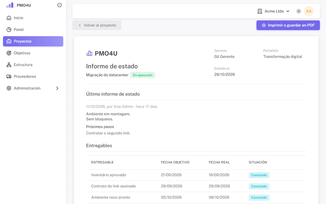 Informe de estado listo para imprimir