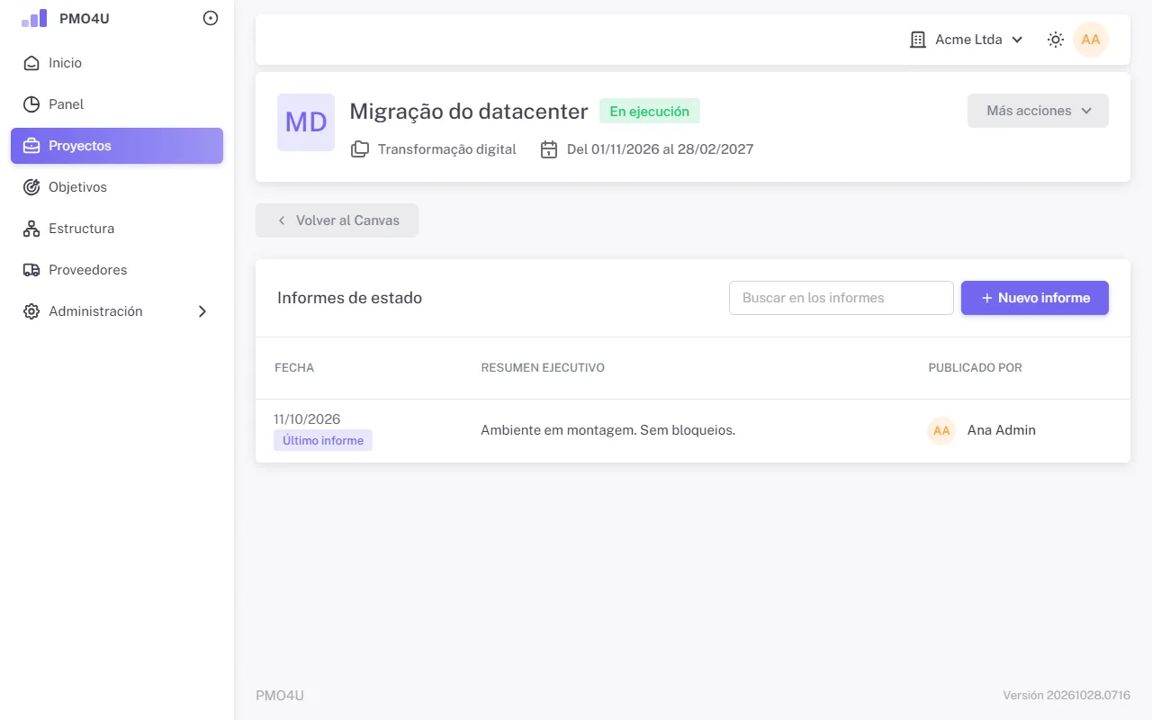 Lista de informes de estado del proyecto