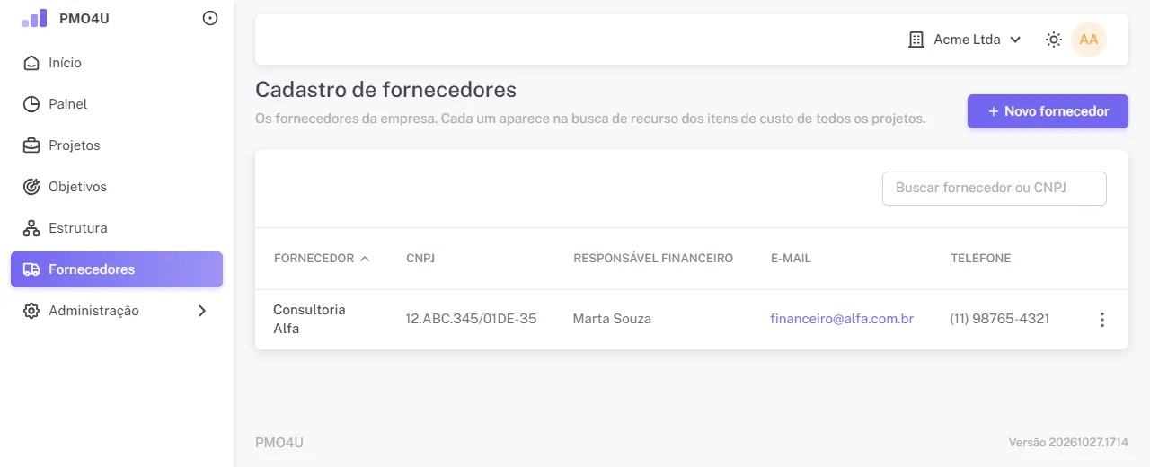 Cadastro de fornecedores