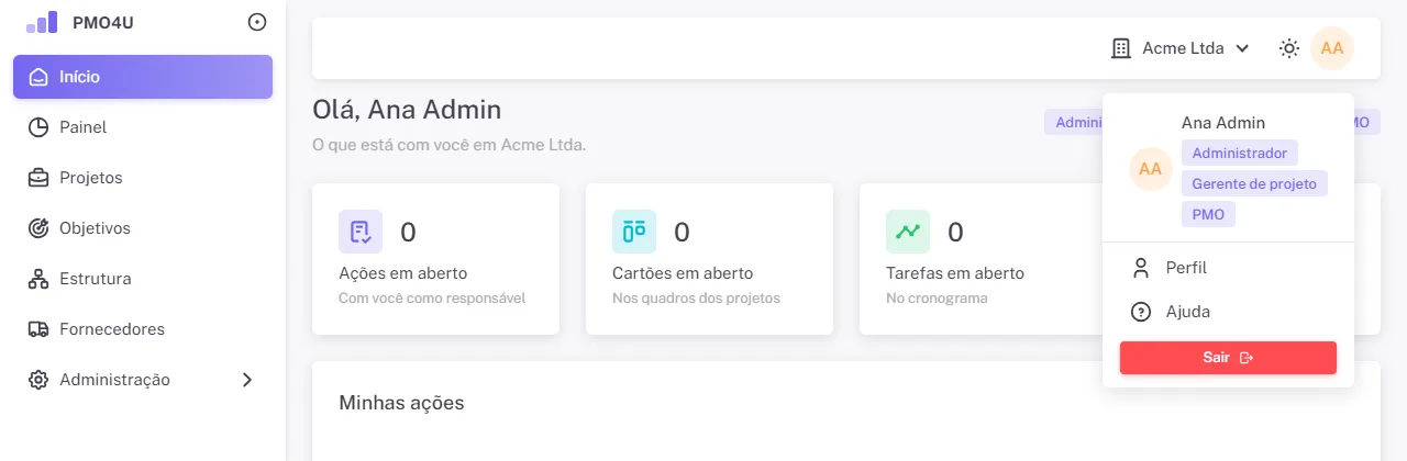 Menu da conta com Perfil, Ajuda e Sair