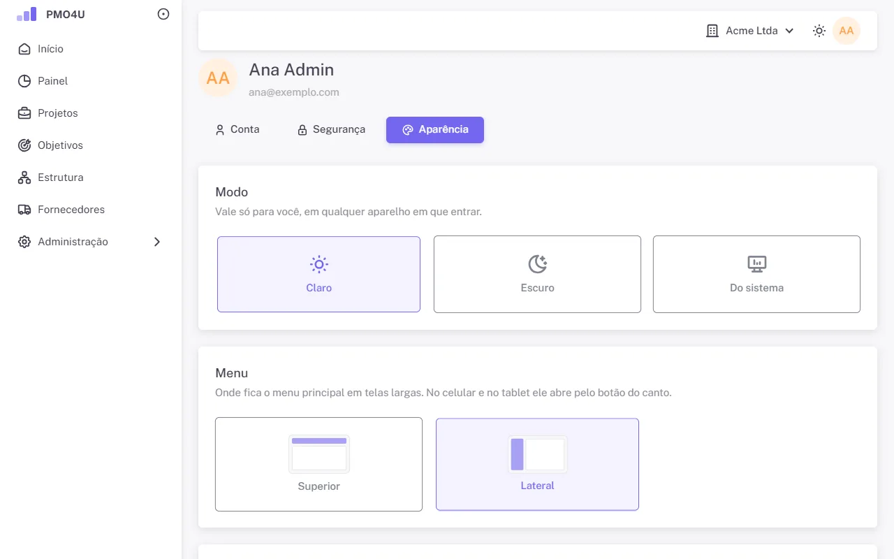 Aba Aparência do perfil com modo, menu, largura e cor