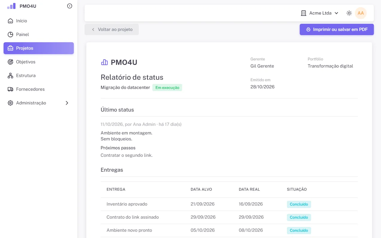 Relatório de status pronto para imprimir