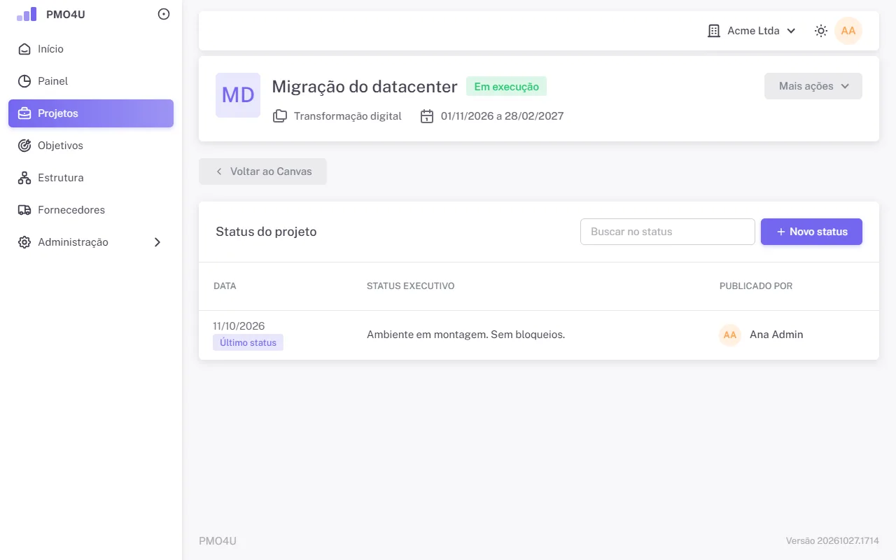 Lista de status do projeto