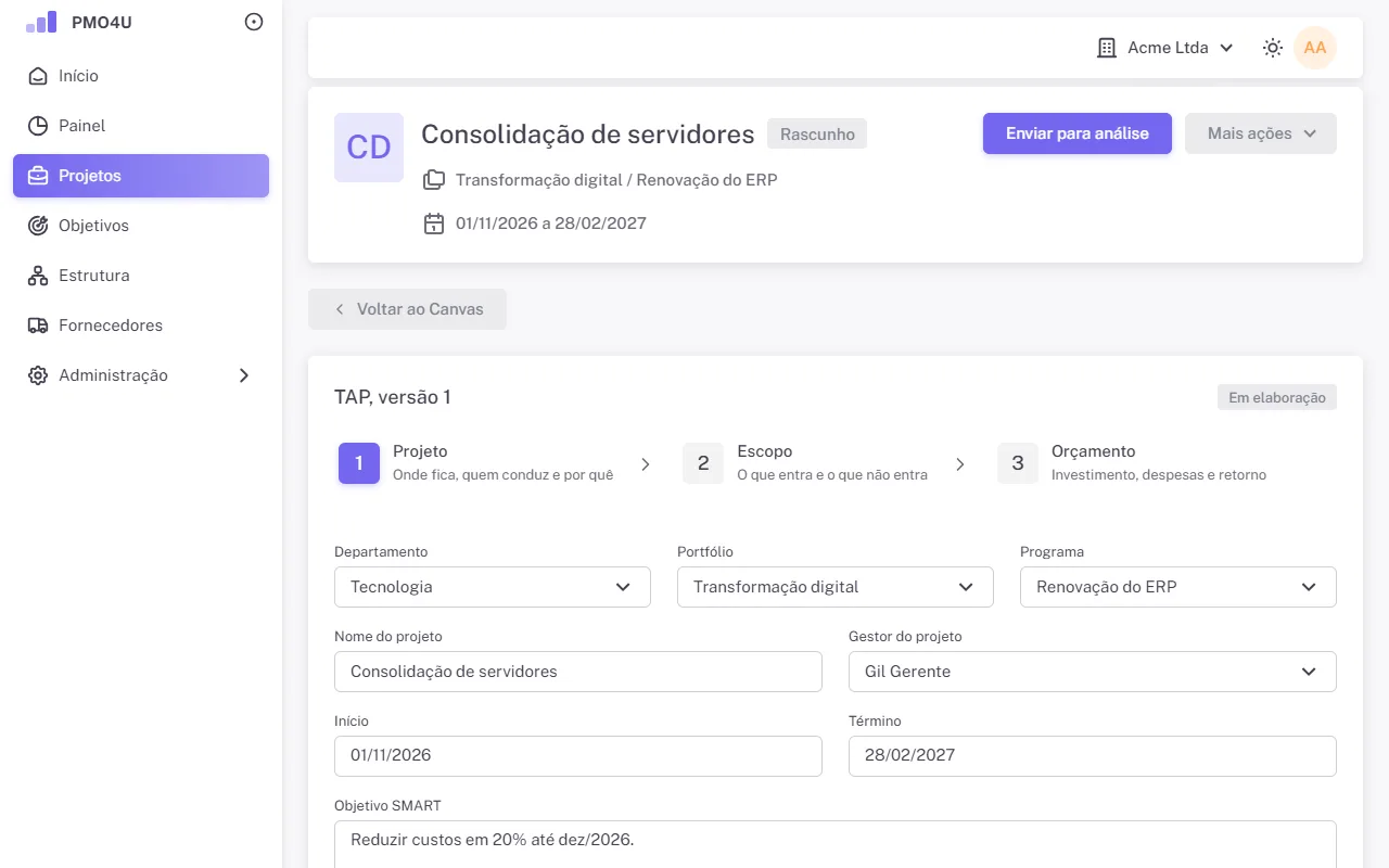 TAP em edição com as três etapas: Projeto, Escopo e Orçamento